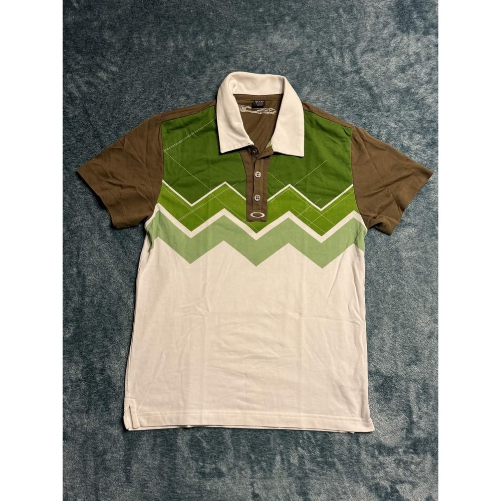Oakley Polo Shirt Men Medium Slim Fit Brown Green White Retro Zigzag Pattern